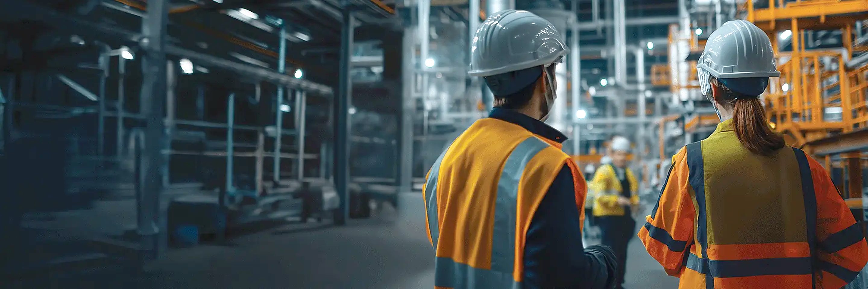 Dos profesionales con casco y chaleco reflectante recorriendo una planta industrial
