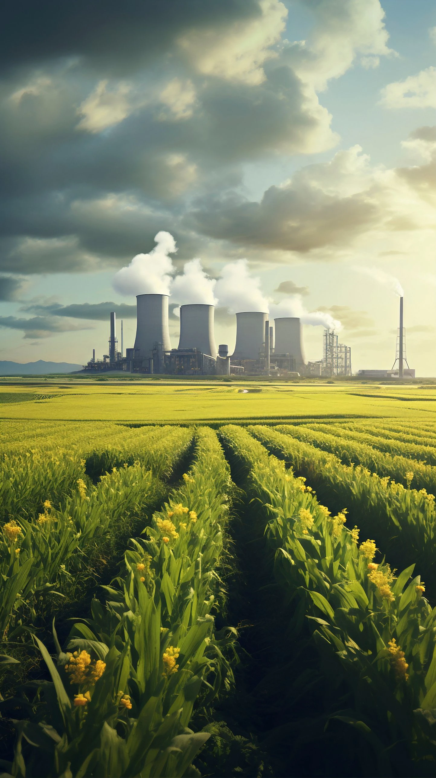 Planta industrial junto a un campo de cultivo verde