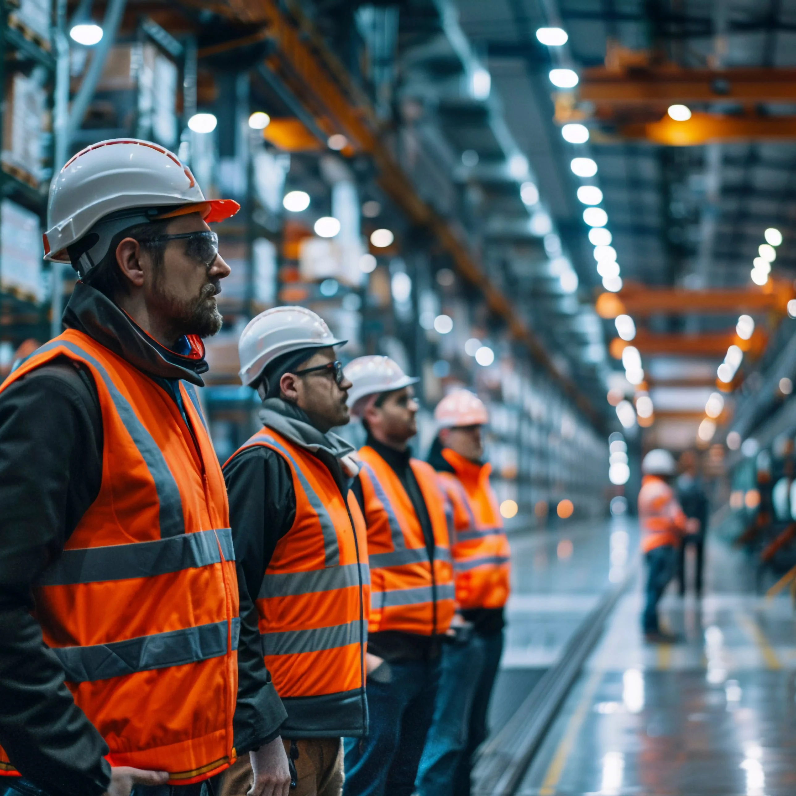 Trabajadores con casco y chaleco reflectante en fila dentro de una bodega industrial